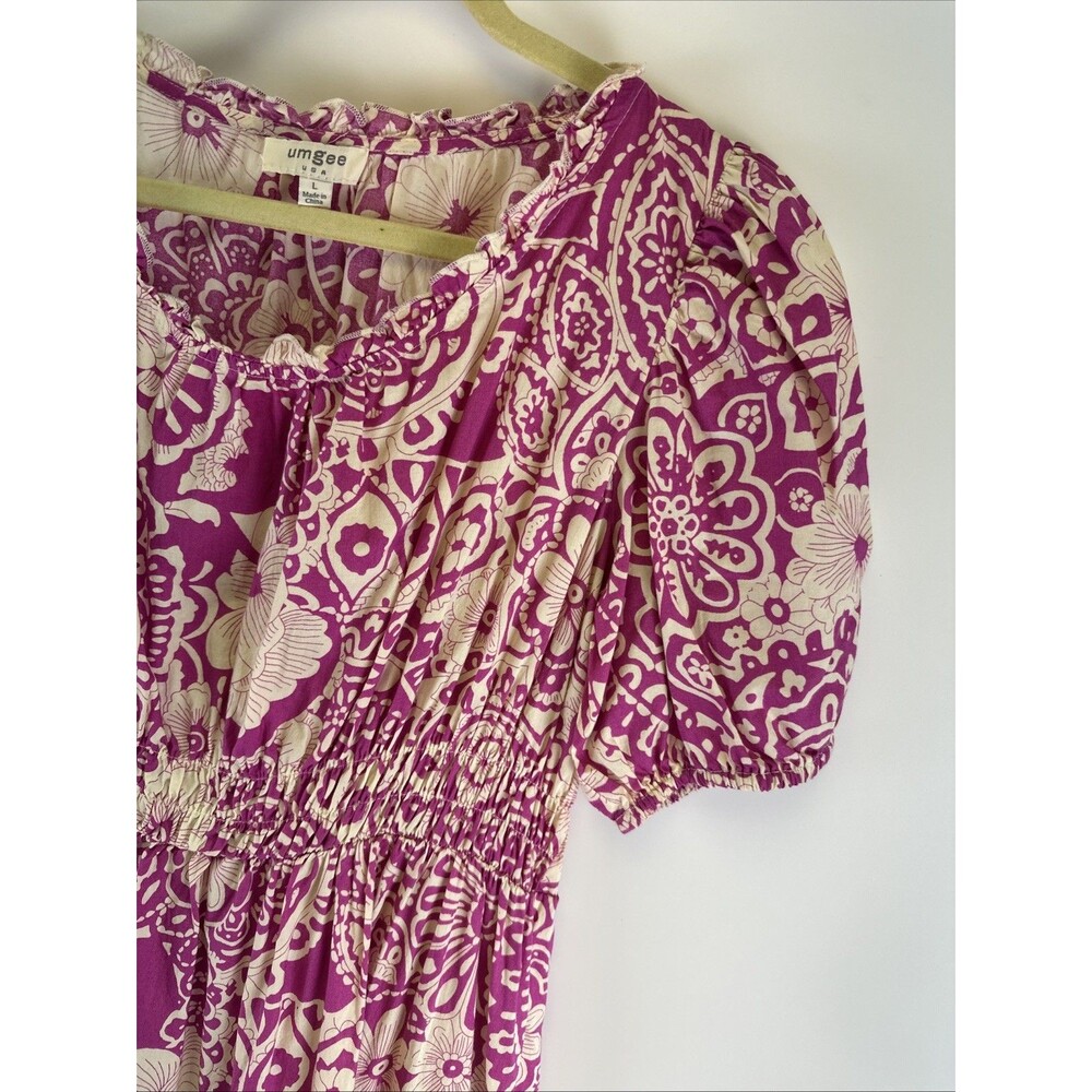 Umgee Tiered Midi Dress Pink Floral Puff Sleeves Boho Summer Indie Smocked Large - Picture 5 of 11